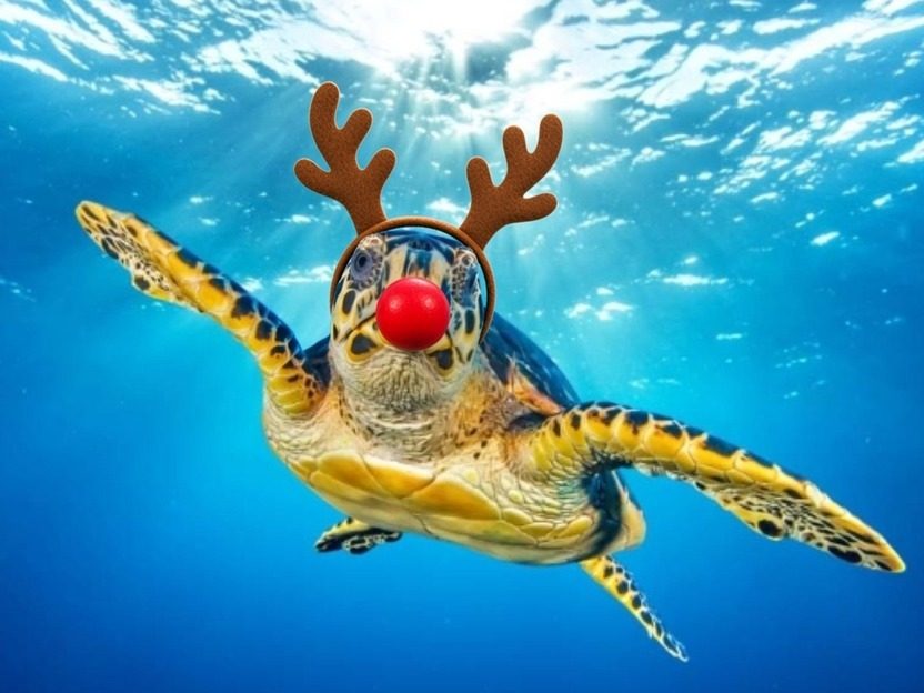 Sea turtle on a coral reef wearing festive reindeer antlers and a red nose