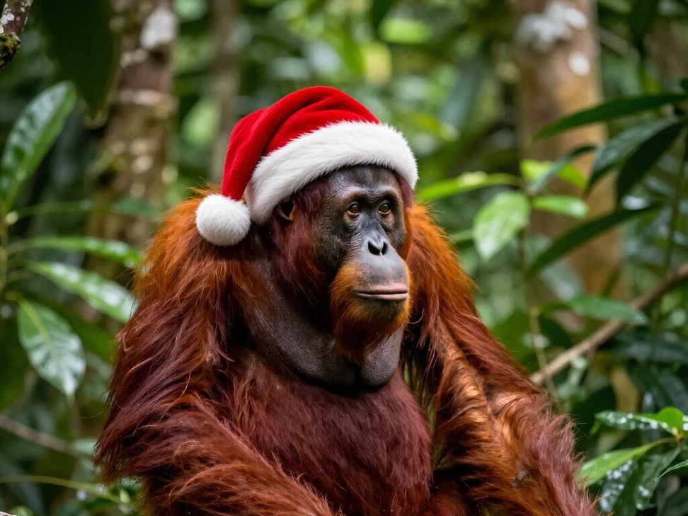 Orangutan in the rainforest wearing a Santa hat